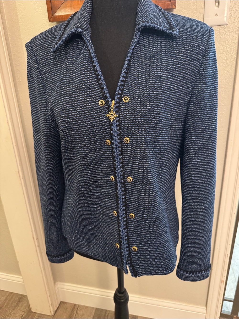 St. John Navy Blue Knit Zipper-Front Blazer Jacket